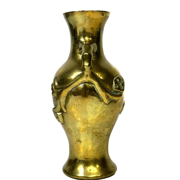 Japanese Antique Meiji Double Handle Bamboo Flower Art Nouveau Solid Brass Vase - Picture 2 of 5